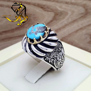 انگشتر نقره مردانه 925 عیار طرح خاص با نگین فیروزه نیشابوری اصل و معدن