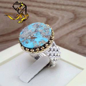 انگشتر نقره مردانه 925 عیار طرح رولکسی با نگین فیروزه نیشابوری اصل و م