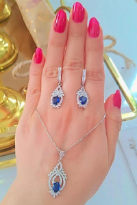 نیم ست نقره زنانه نگین کبود با آبکاری طلا سفید ضد حساسیت