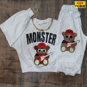 ست بلوز شلوار دورس دخترانه و زنانه کراپ و شلوار لش دمپا کش استیکر تدی