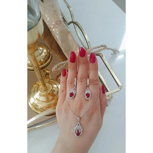 نیم ست نقره زنانه نگین قرمز با آبکاری طلا سفید بدون ریزش نگین