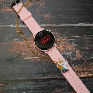 ساعت ال ای دی دخترانه رنگ صورتی همراه با گردنبند-134041