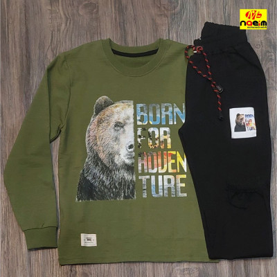 ست بلوز وشلوار اسپرت پسرانه طرح خرس سایز 60 سنین 8تا11