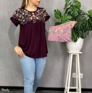 تیشرت زنانه گلدار مدل آستین افتاده