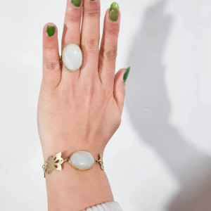 نیم ست انگشتر دستبند سنگ مون استون قاب برنج