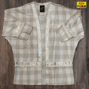 مانتو مجلسی لنین مدل آستین کیمونو پارچه چهارخانه فری سایز