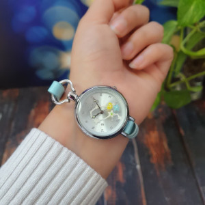 ساعت دخترانه فانتزی بند چرم بلند آبی-131490