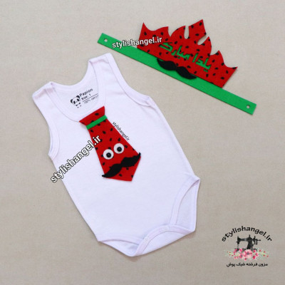 ست لباس یلدایی پسرانه شامل بادی تاج یلدایی و کروات یلدایی