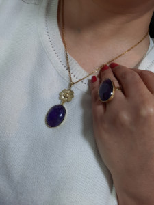 نیم ست پلاک انگشتر سنگ آمیتیست قاب برنج دست ساز