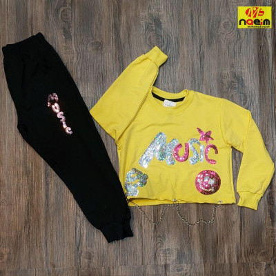 ست کراپ شلوار دخترانه رنگی طرح پولک دار سایز 50 تا 60 سنین 7 تا 11