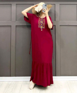 پیراهن روزمره زنانه نخی ایرانی مدل پیراهن آستین کوتاه یقه چاپی