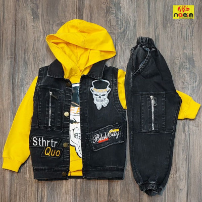 ست سه تیکه لی ذغالی طرح اسکلت پسرانه دخترانه تک سایز 40 سنین 2 تا3