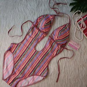 مایو اسلیپ زنانه فری سایز طرح راه راه کاپ دار بندی پشت باز