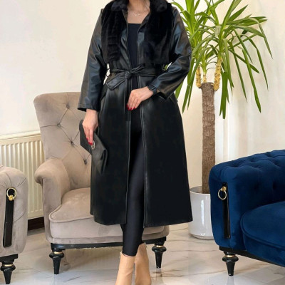 پالتو چرمی زنانه لاکچری مدل کمربند دار