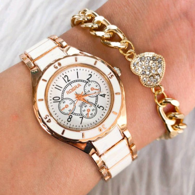 ساعت زنانه طرح سرامیکی سفید رزگلد به همراه دستبند-129626