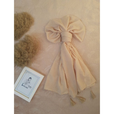 شال نخی رنگ کرمی منگوله دار-129256